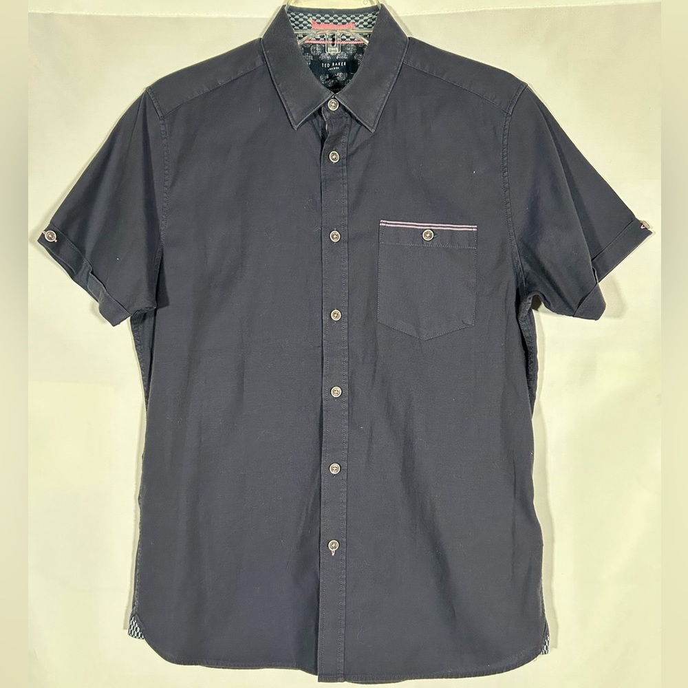 TED BAKER LONDON NAVY BLUE HEMMED SLEEVES CONTRASTING TRIM DESIGNER SHIRT MENS 3